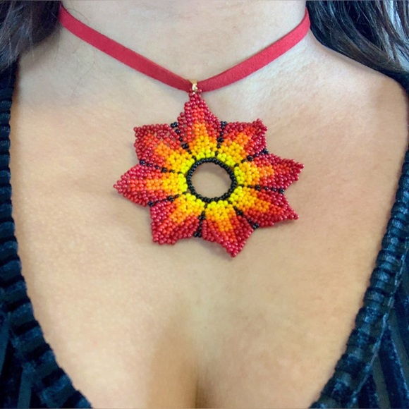 Vibrant Flower Beaded Choker Necklace with Matching Earrings - Boho Chic Set - Picture 3 of 5